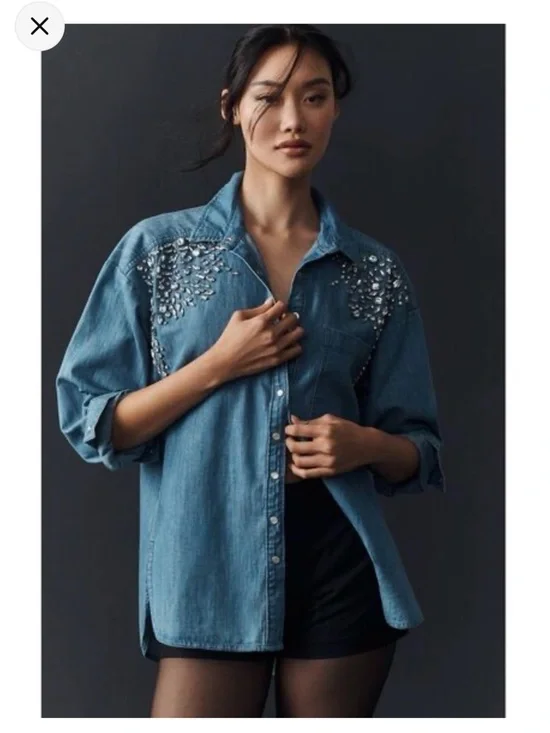 Anthropologie Crystal Denim Button Down - Picture 2 of 6